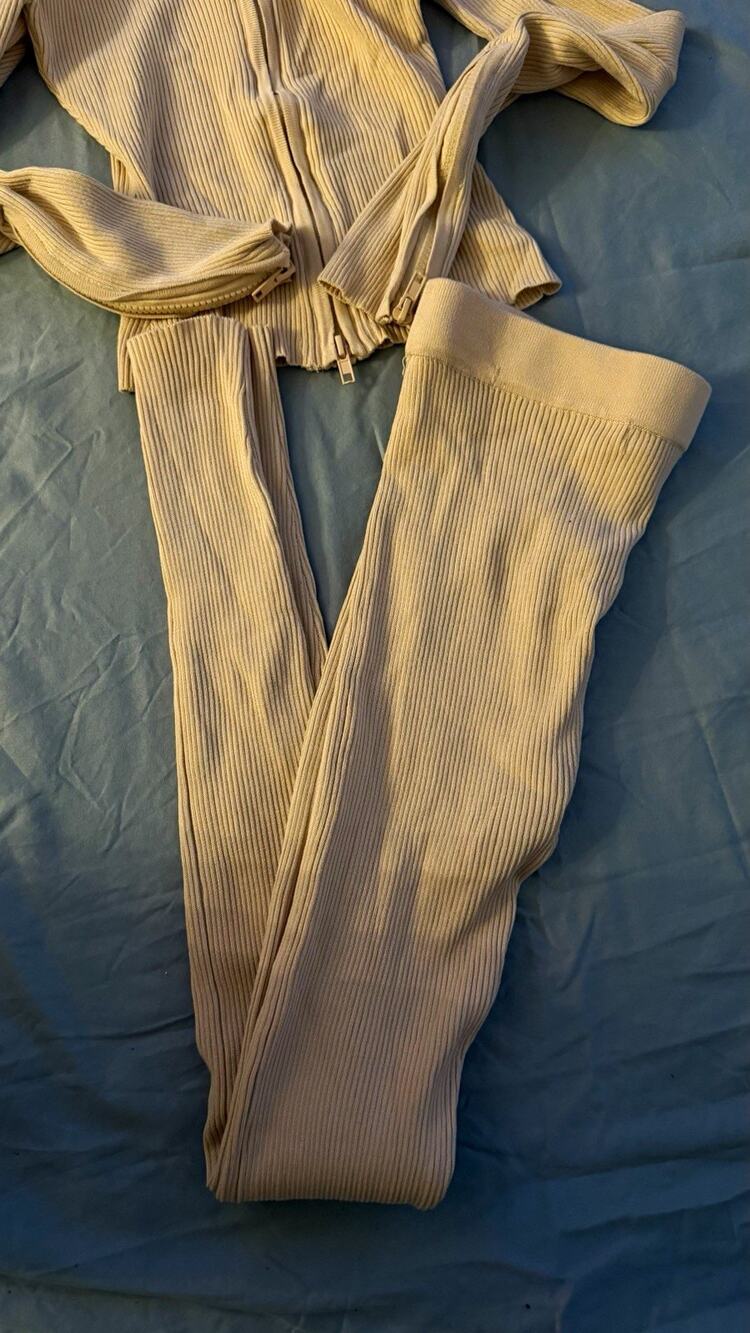 Fashion Nova Women's Beige Ribbed Knit Zip-Up Top & Skinny Pants Set Size S
